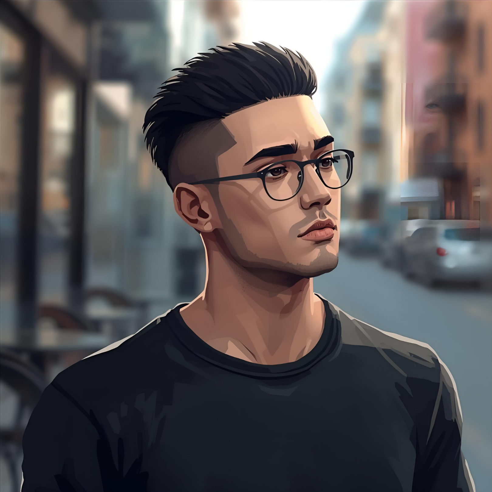 Avatar criado de um homem usando óculos com cabelo curto, raspado